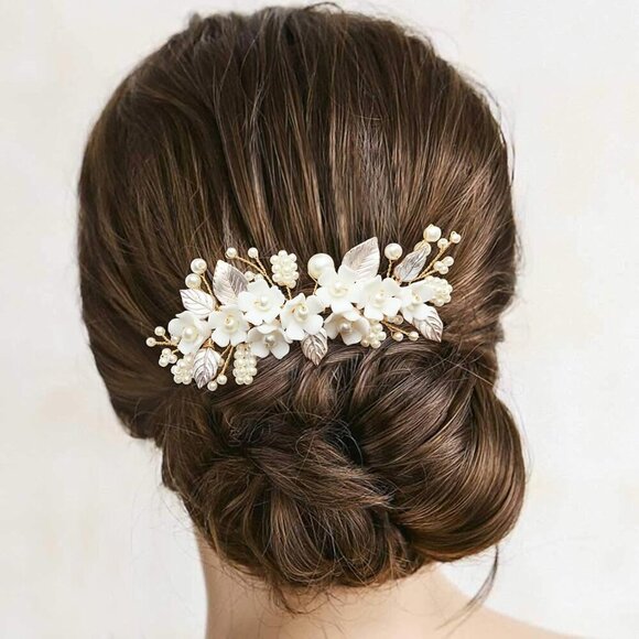 Bridal White Hair Comb Pearl Leaf Ceramic Flower Wedding Accessories